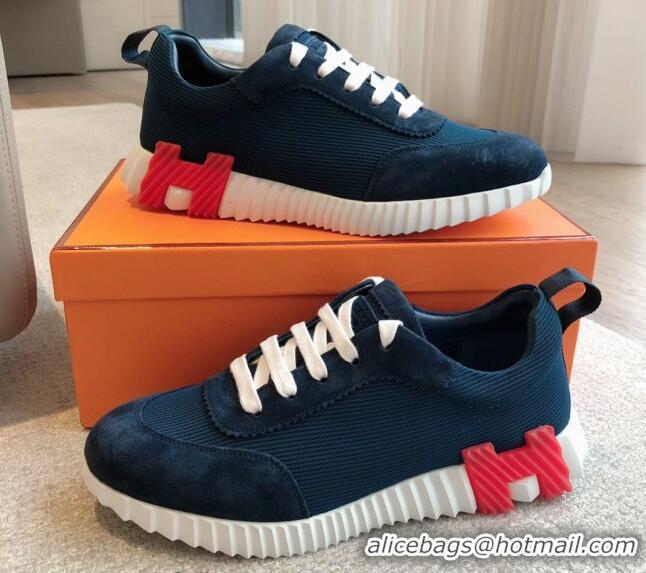 Good Product Hermes Bouncing Sneakers in Technical Mesh and Suede Dark Blue 425126