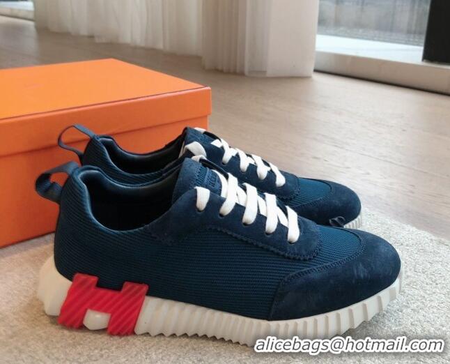 Good Product Hermes Bouncing Sneakers in Technical Mesh and Suede Dark Blue 425126