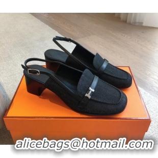 1:1 aaaaa Hermes Infinie Slingback Pumps 5cm in Black Denim 425130