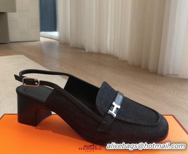 1:1 aaaaa Hermes Infinie Slingback Pumps 5cm in Black Denim 425130