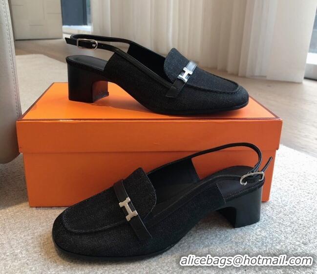 1:1 aaaaa Hermes Infinie Slingback Pumps 5cm in Black Denim 425130