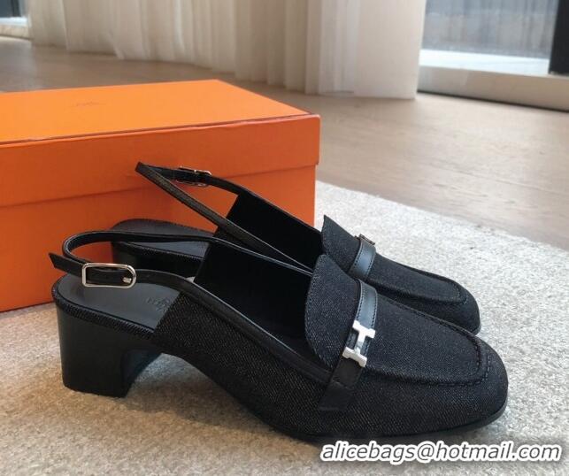 1:1 aaaaa Hermes Infinie Slingback Pumps 5cm in Black Denim 425130