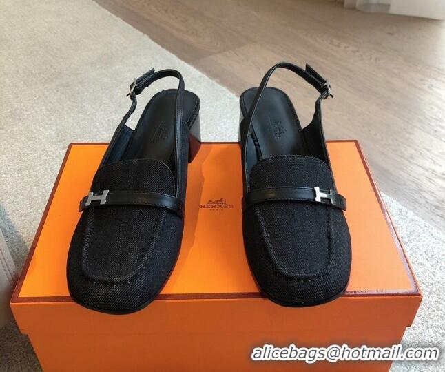 1:1 aaaaa Hermes Infinie Slingback Pumps 5cm in Black Denim 425130