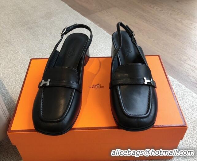 1:1 Hermes Infinie Slingback Pumps 5cm in Lambskin Black 425131