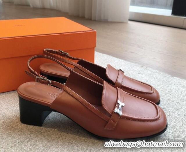 Good Quality Hermes Infinie Slingback Pumps 5cm in Lambskin Brown 425132