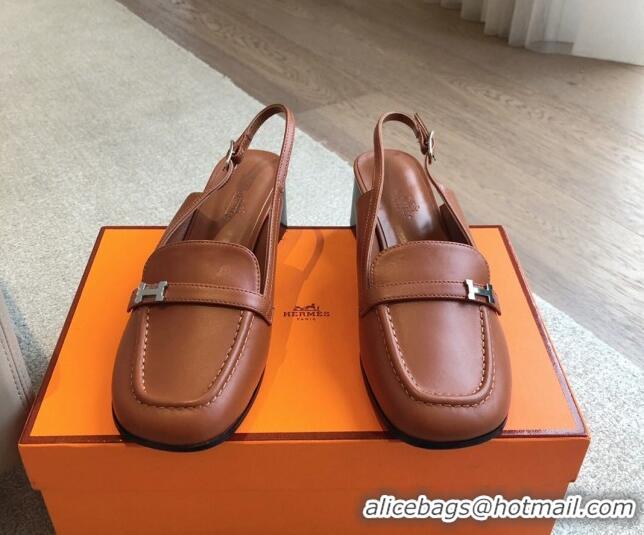 Good Quality Hermes Infinie Slingback Pumps 5cm in Lambskin Brown 425132