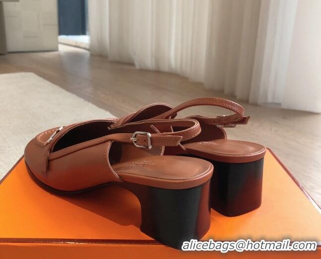 Good Quality Hermes Infinie Slingback Pumps 5cm in Lambskin Brown 425132