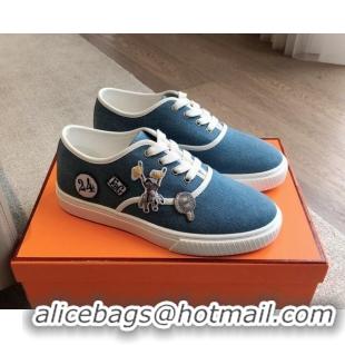 Stylish Hermes Innocent Low-top Sneakers in Denim with Logo Patches Denim Blue 425134