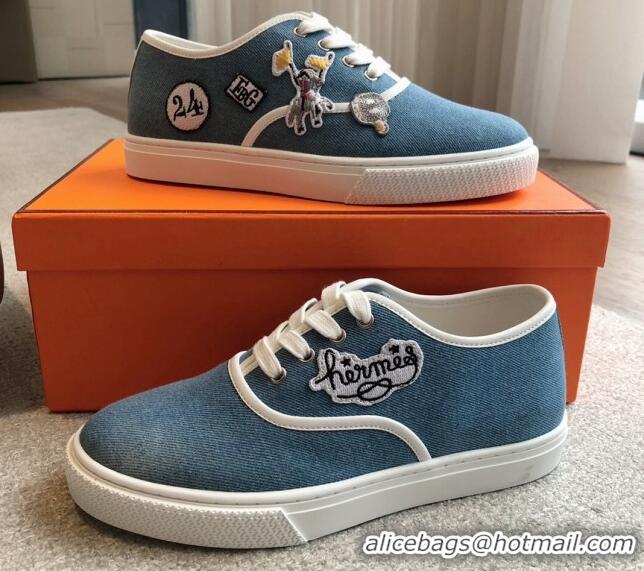 Stylish Hermes Innocent Low-top Sneakers in Denim with Logo Patches Denim Blue 425134