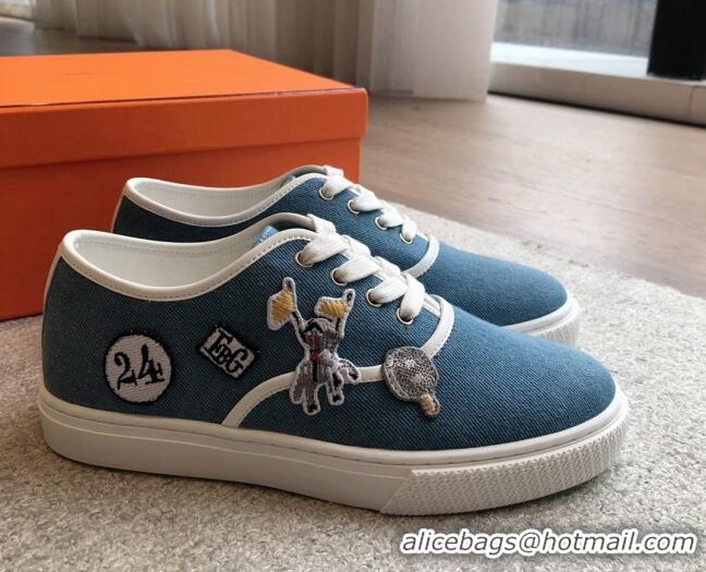 Stylish Hermes Innocent Low-top Sneakers in Denim with Logo Patches Denim Blue 425134