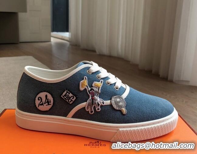 Stylish Hermes Innocent Low-top Sneakers in Denim with Logo Patches Denim Blue 425134