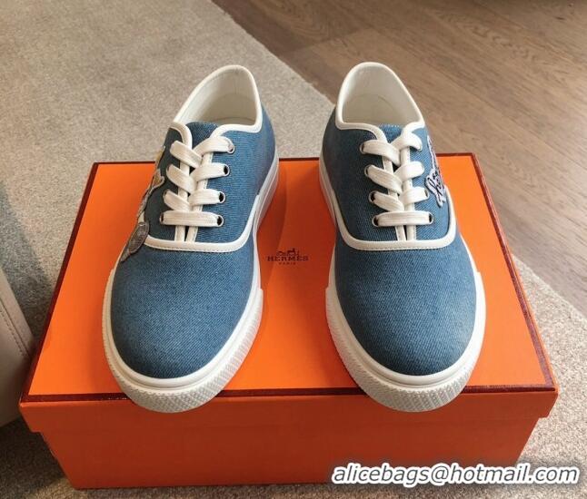 Stylish Hermes Innocent Low-top Sneakers in Denim with Logo Patches Denim Blue 425134