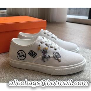 Shop Cheap Hermes Innocent Low-top Sneakers in Canvas with Logo Patches White 425136