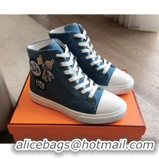 Stylish Hermes Illico High-top Sneakers in Blue Denim and Calfskin with Logo Patches 425137