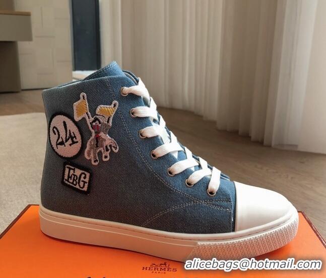 Stylish Hermes Illico High-top Sneakers in Blue Denim and Calfskin with Logo Patches 425137