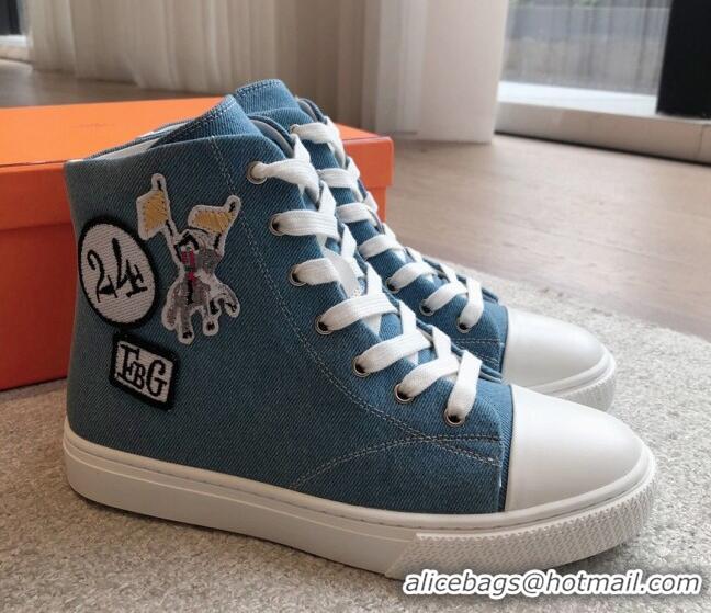 Stylish Hermes Illico High-top Sneakers in Blue Denim and Calfskin with Logo Patches 425137