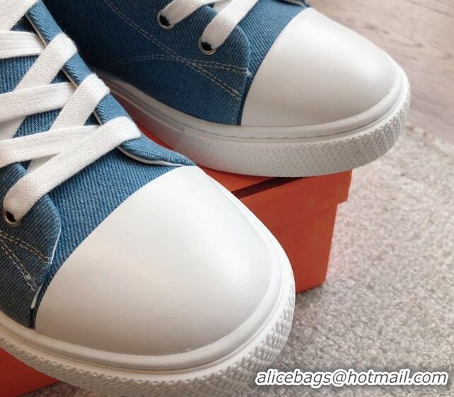 Stylish Hermes Illico High-top Sneakers in Blue Denim and Calfskin with Logo Patches 425137