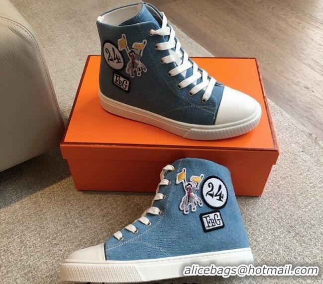 Stylish Hermes Illico High-top Sneakers in Blue Denim and Calfskin with Logo Patches 425137