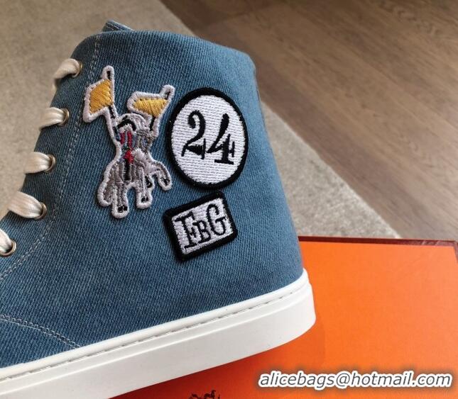 Stylish Hermes Illico High-top Sneakers in Blue Denim and Calfskin with Logo Patches 425137