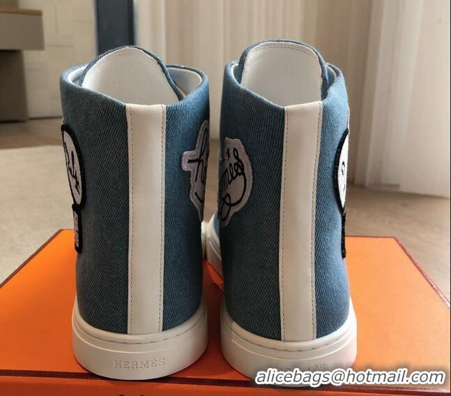 Stylish Hermes Illico High-top Sneakers in Blue Denim and Calfskin with Logo Patches 425137