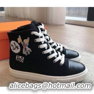 Buy Discount Hermes Illico High-top Sneakers in Canvas and Calfskin with Logo Patches Black 425138