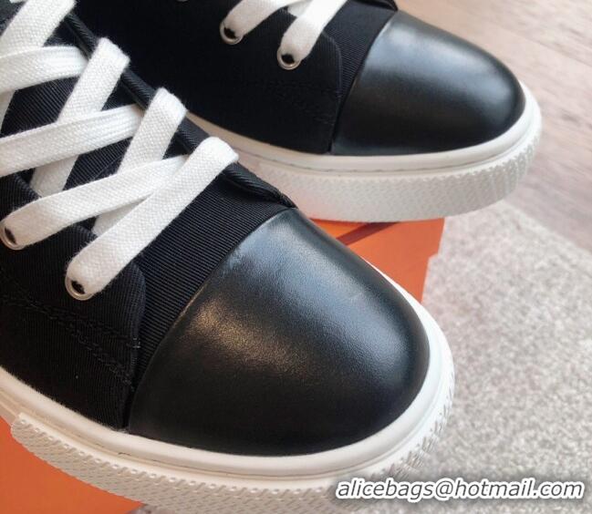 Buy Discount Hermes Illico High-top Sneakers in Canvas and Calfskin with Logo Patches Black 425138