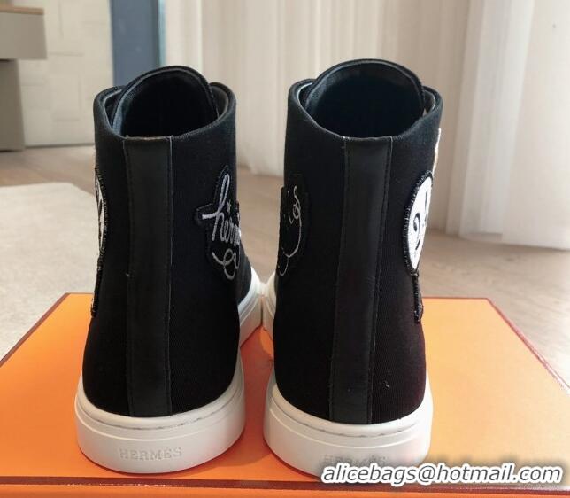 Buy Discount Hermes Illico High-top Sneakers in Canvas and Calfskin with Logo Patches Black 425138