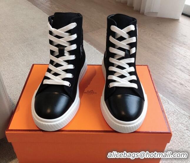 Buy Discount Hermes Illico High-top Sneakers in Canvas and Calfskin with Logo Patches Black 425138