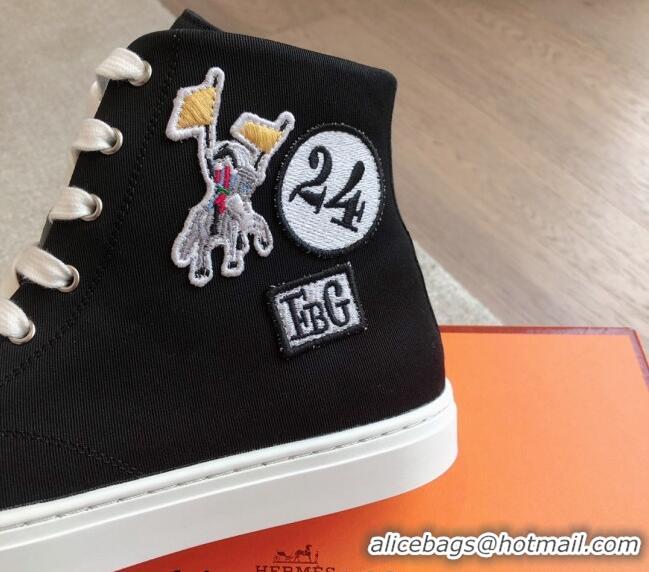 Buy Discount Hermes Illico High-top Sneakers in Canvas and Calfskin with Logo Patches Black 425138