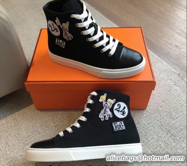 Buy Discount Hermes Illico High-top Sneakers in Canvas and Calfskin with Logo Patches Black 425138