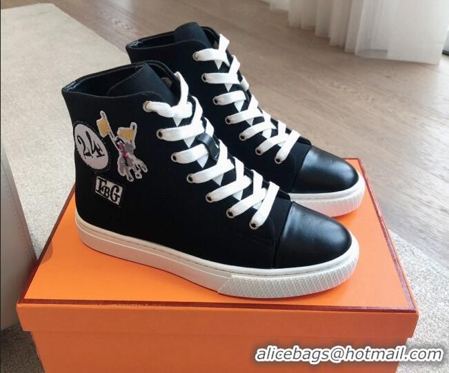 Buy Discount Hermes Illico High-top Sneakers in Canvas and Calfskin with Logo Patches Black 425138