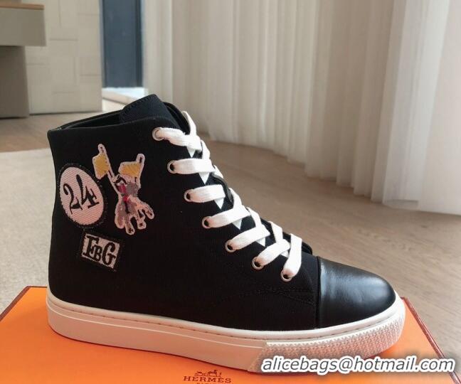 Buy Discount Hermes Illico High-top Sneakers in Canvas and Calfskin with Logo Patches Black 425138