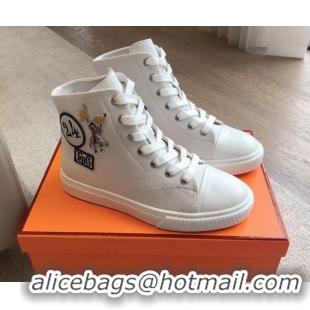 Low Price Hermes Illico High-top Sneakers in Canvas and Calfskin with Logo Patches White 425139