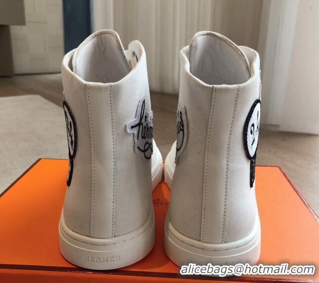 Low Price Hermes Illico High-top Sneakers in Canvas and Calfskin with Logo Patches White 425139