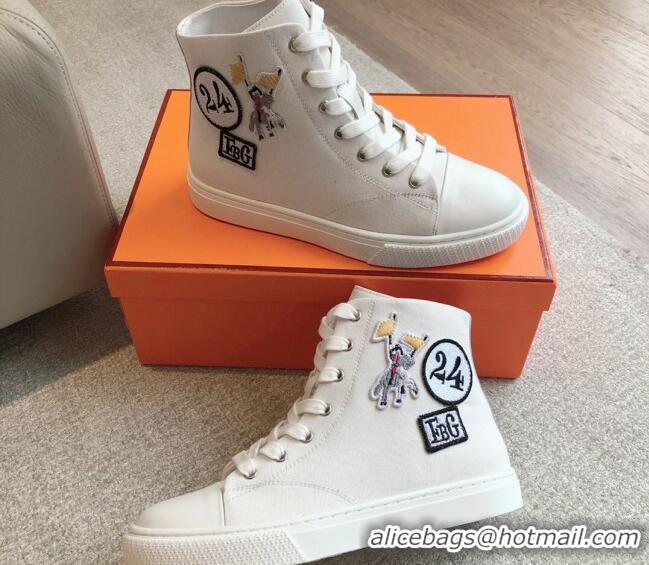 Low Price Hermes Illico High-top Sneakers in Canvas and Calfskin with Logo Patches White 425139