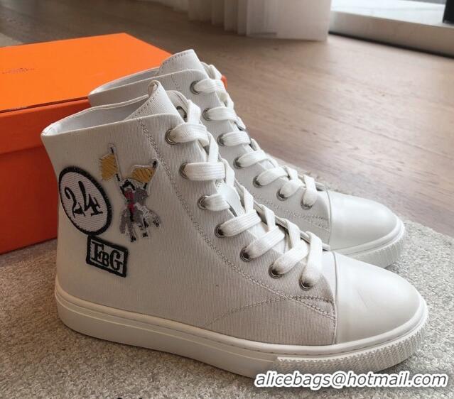 Low Price Hermes Illico High-top Sneakers in Canvas and Calfskin with Logo Patches White 425139