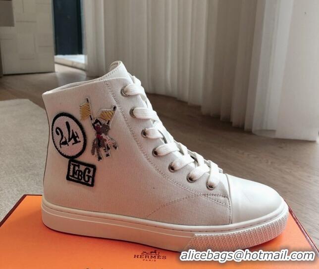 Low Price Hermes Illico High-top Sneakers in Canvas and Calfskin with Logo Patches White 425139