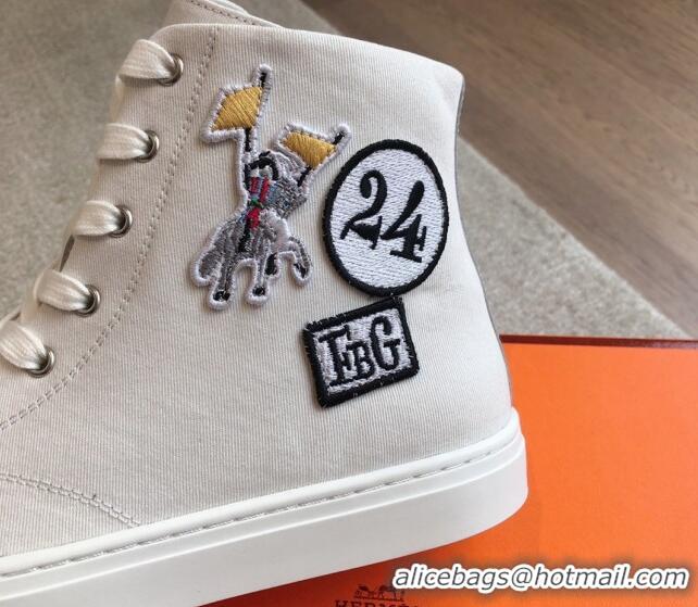 Low Price Hermes Illico High-top Sneakers in Canvas and Calfskin with Logo Patches White 425139