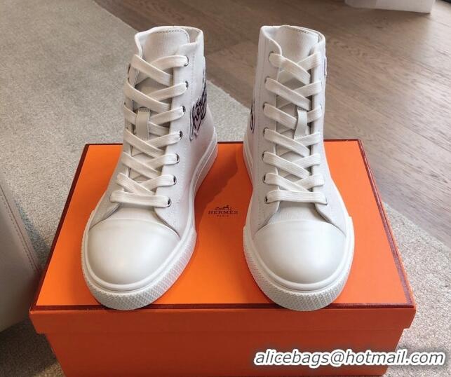 Low Price Hermes Illico High-top Sneakers in Canvas and Calfskin with Logo Patches White 425139