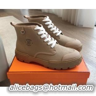 Hot Style Hermes Itineraire Ankle Boots in Canvas and Calfskin with Print Dark Beige 425144