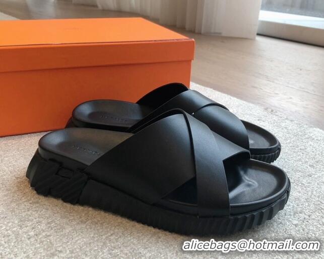 Best Grade Hermes Infra Slide Sandals in Nappa Leather All Black 425145