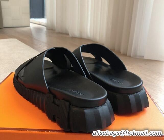 Best Grade Hermes Infra Slide Sandals in Nappa Leather All Black 425145