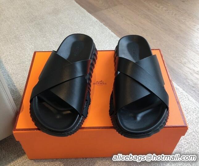 Best Grade Hermes Infra Slide Sandals in Nappa Leather All Black 425145