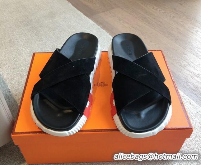 Low Cost Hermes Infra Slide Sandals in Suede Black 425146