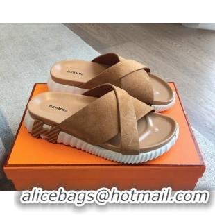 Stylish Hermes Infra Slide Sandals in Suede Brown 425147