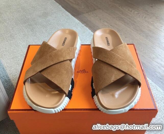 Stylish Hermes Infra Slide Sandals in Suede Brown 425147