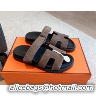 Best Price Hermes Chypre Flat Sandals in Suede Grey 425148