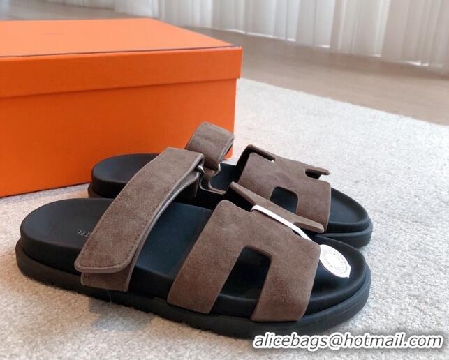 Best Price Hermes Chypre Flat Sandals in Suede Grey 425148