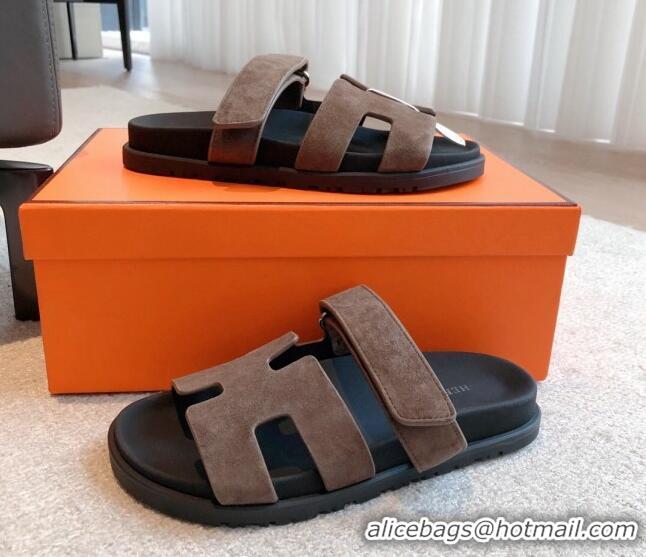 Best Price Hermes Chypre Flat Sandals in Suede Grey 425148