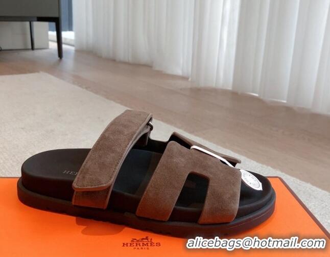 Best Price Hermes Chypre Flat Sandals in Suede Grey 425148